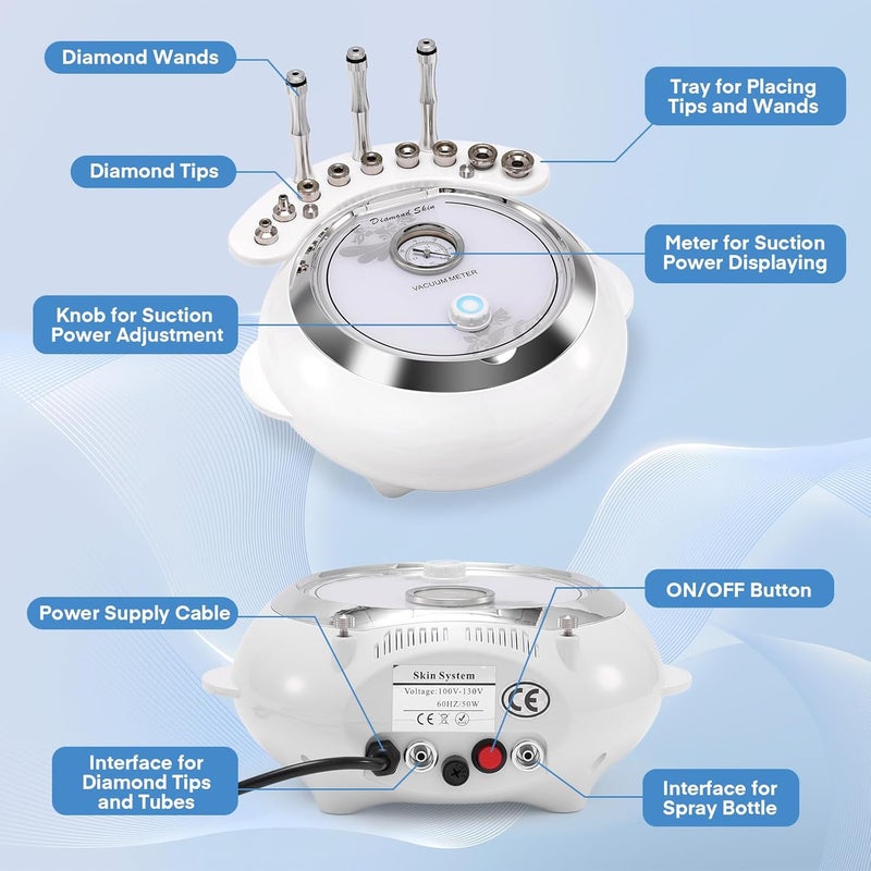 TopDirect Diamond Microdermabrasion Machine, 3 IN 1 Professional Dermabrasion Skincare Device for Adjustable Suction Facial Treatment (Suction Power: 0-68cmHg) - Image 3